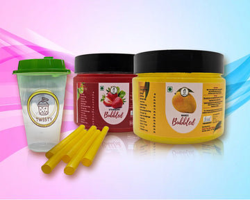 Mango and Strawberry Popping Boba(330 Grams Each) | 2 Popping Boba Combo | 2 Cup | 5 Straws
